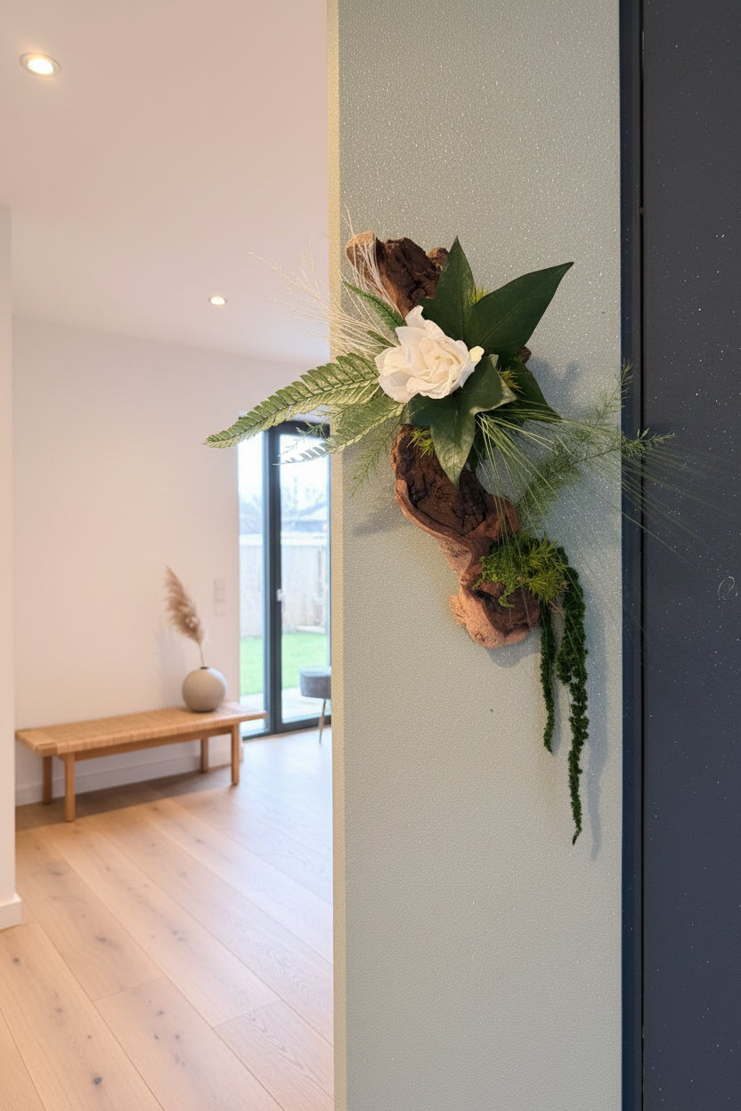 Décoration murale en bois de Mopani – Gardénia blanc stabilisé | Fait main en France
