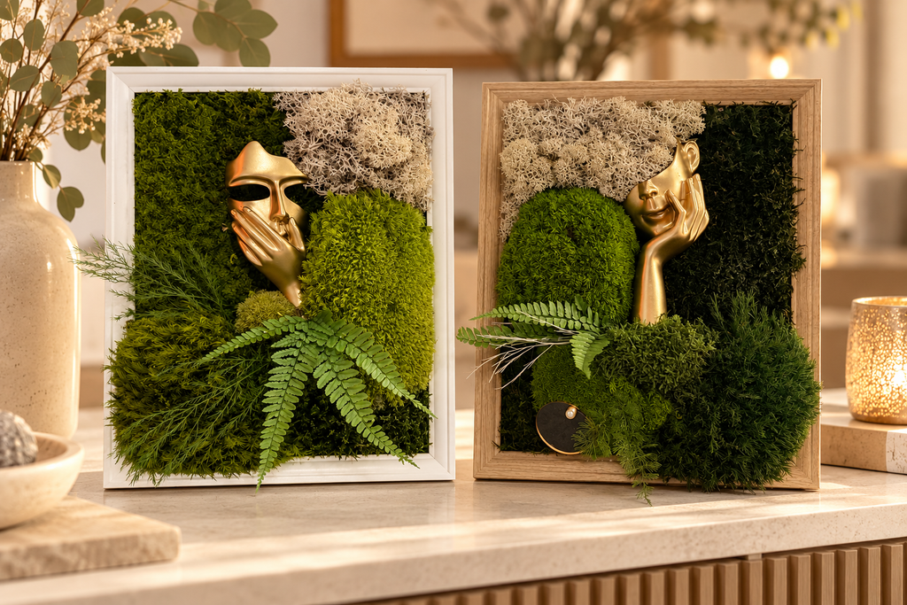 Visages de Nature, tableau végétal stabilisé avec visage doré, création Naturencadre.