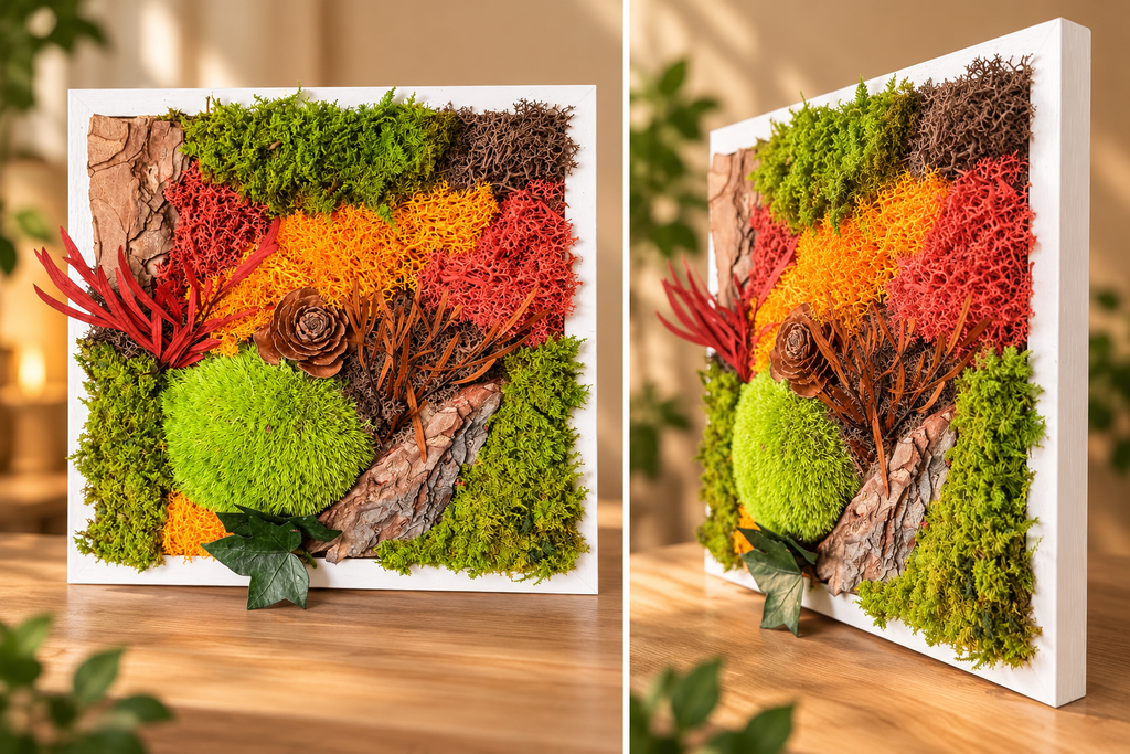 Tableau végétal stabilisé 22 × 22 cm – Évasion Nature ou Éclat d’Automne