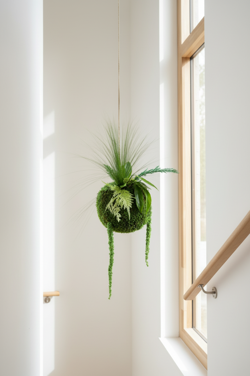 Kokedama suspendu en végétaux stabilisés – Élégance naturelle