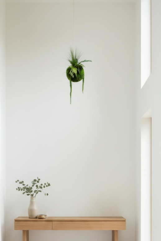 Kokedama suspendu en végétaux stabilisés – Élégance naturelle