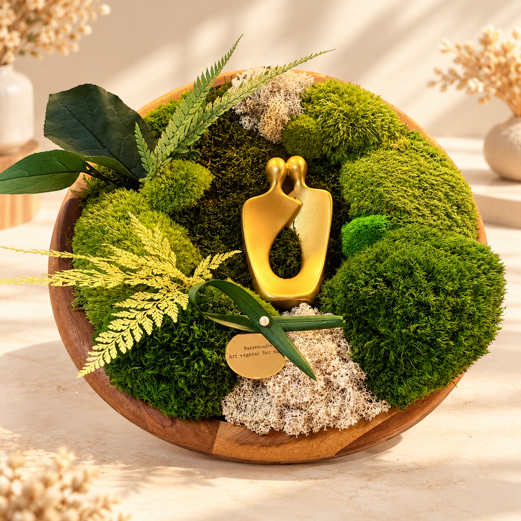 L’Étreinte Éternelle – Tableau végétal stabilisé rond, 35 cm