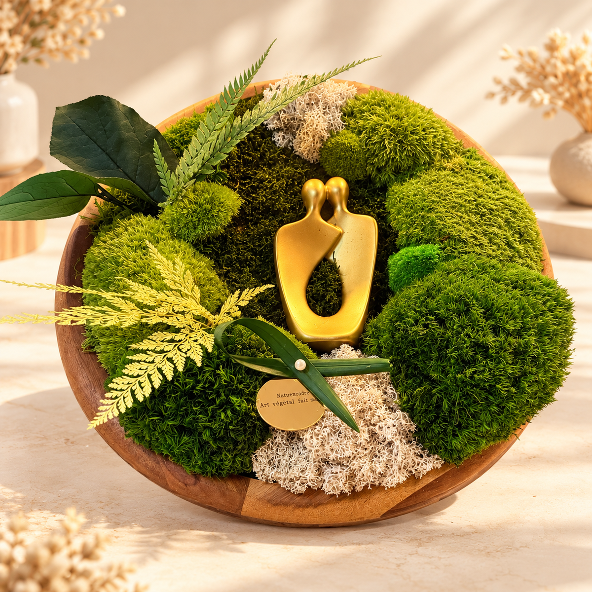 L’Étreinte Éternelle – Tableau végétal stabilisé rond, 35 cm