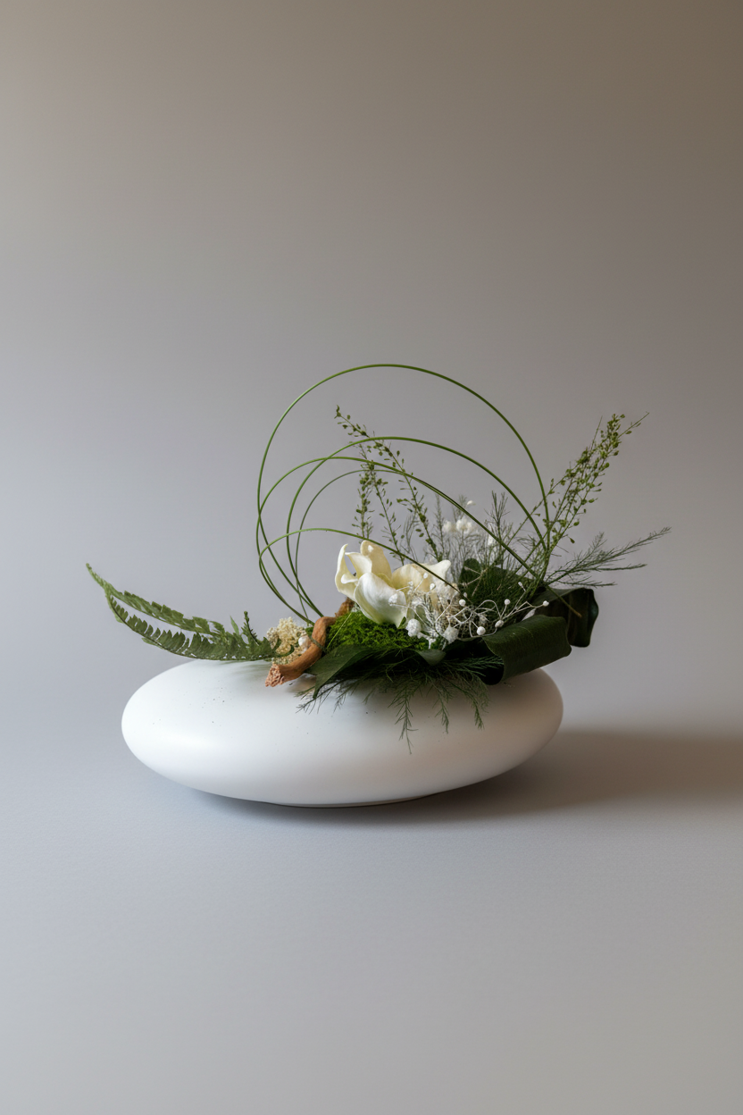 Centre de table végétal stabilisé – Style Japandi – Fleur de gardena blanche & bois flotté