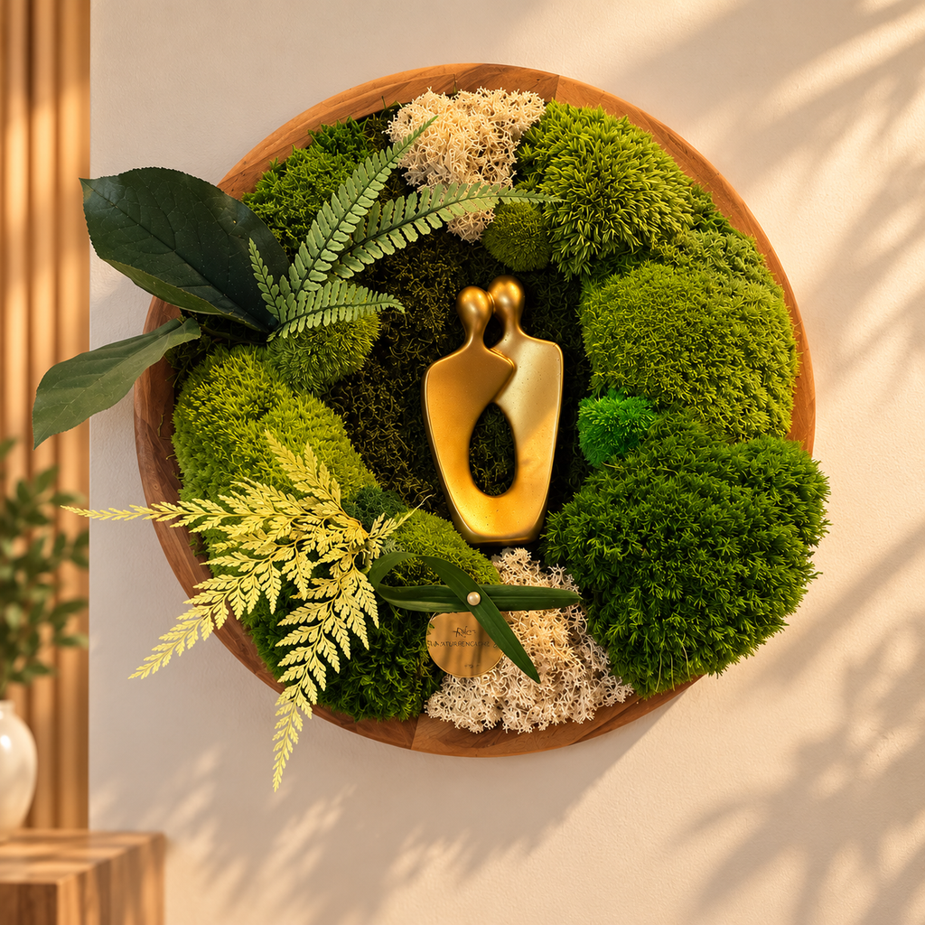 Tableau végétal stabilisé rond de 35 cm en bois d’acacia, composé de mousses naturelles, lichens et fougères, avec sculpture de couple enlacé en résine doré mat. Création artisanale Naturencadre sur fond blanc beige lumineux.
