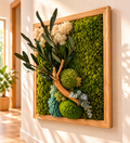 Tableau végétal mural avec mousses et eucalyptus stabilisés – style bohème zen