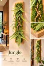 Jungle – Tableau végétal stabilisé aux fougères et bois flotté, 48 × 11 cm