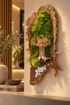 Jardin japonais mural avec mousses stabilisées, eucalyptus et pierres d’ardoise