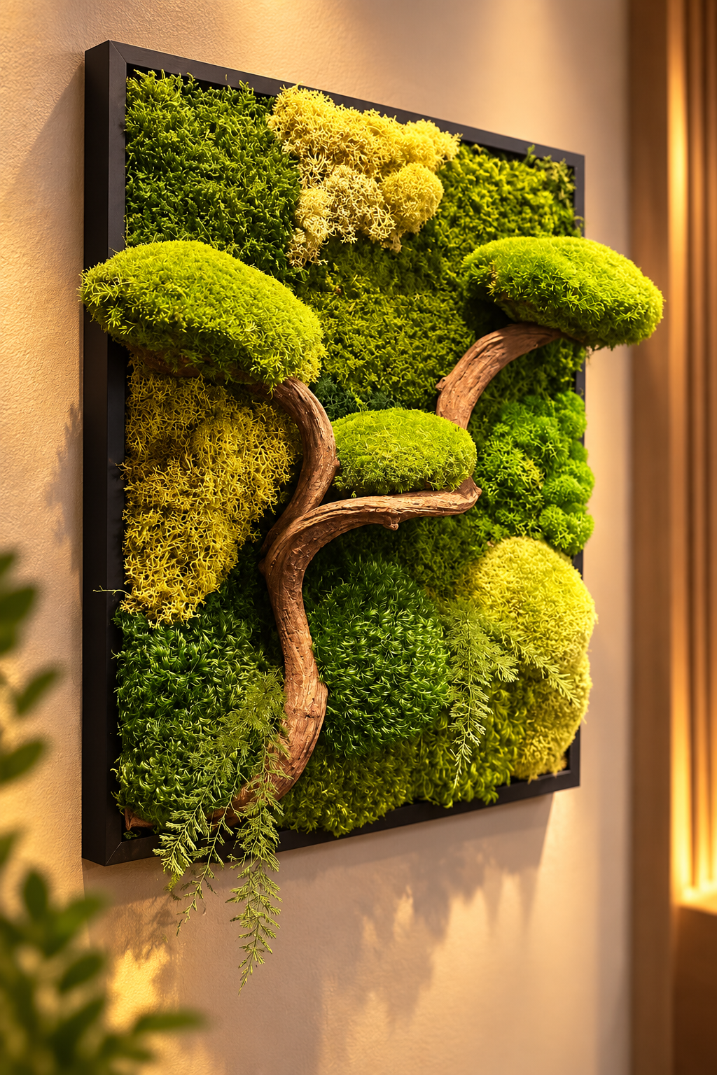 Tableau végétal 3D L’Esprit du Japon 38x45 cm, arbre sculptural en bois de vigne et mousses stabilisées, création Naturencadre.
