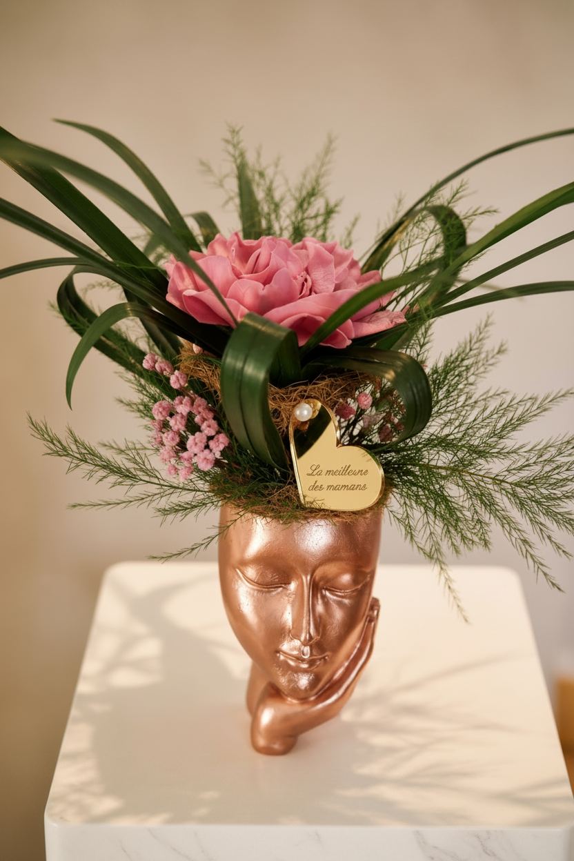 Gardénia rose stabilisé – Composition florale artisanale dans vase visage rose gold