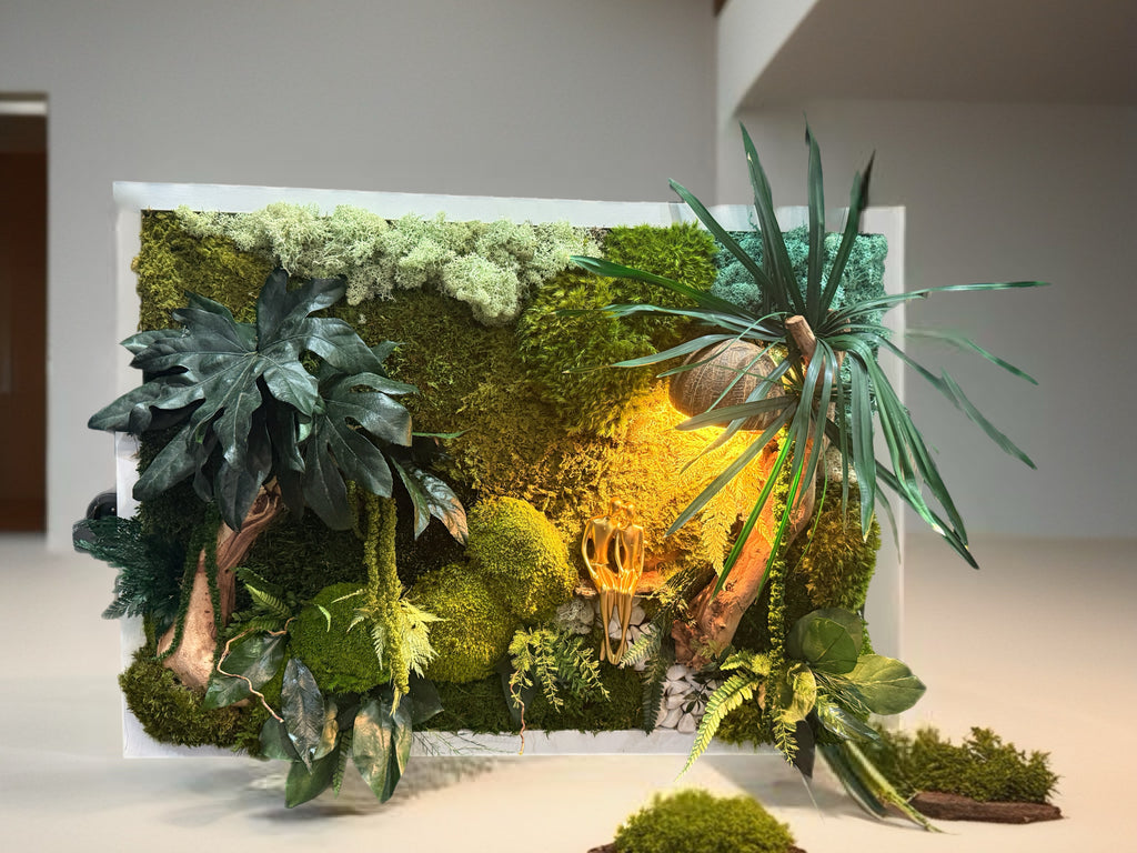 Cadre végétal stabilisé lumineux 75x55 | Pièce unique | « L'Étreinte Tropicale » – Décoration nature luxe
