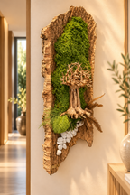 Décoration japandi avec tableau végétal sur écorce de liège et mousse stabilisée