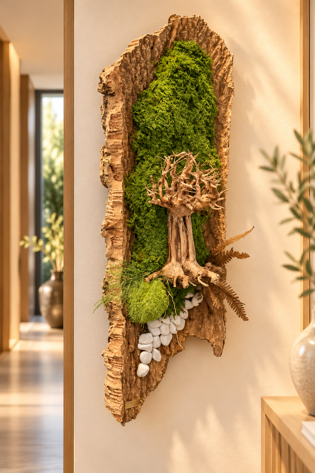 Décoration japandi avec tableau végétal sur écorce de liège et mousse stabilisée