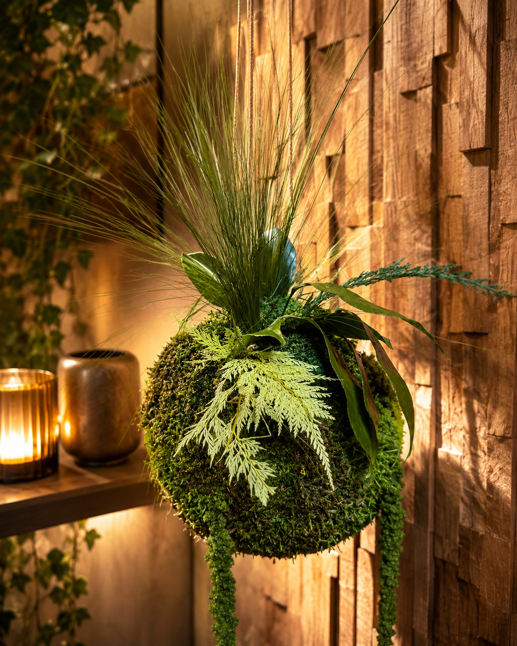 Kokedama suspendu en végétaux stabilisés – Élégance naturelle