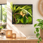 Cadre végétal stabilisé 40x40 cm L’Amour Éternel avec couple doré s’embrassant, mousse et végétaux naturels