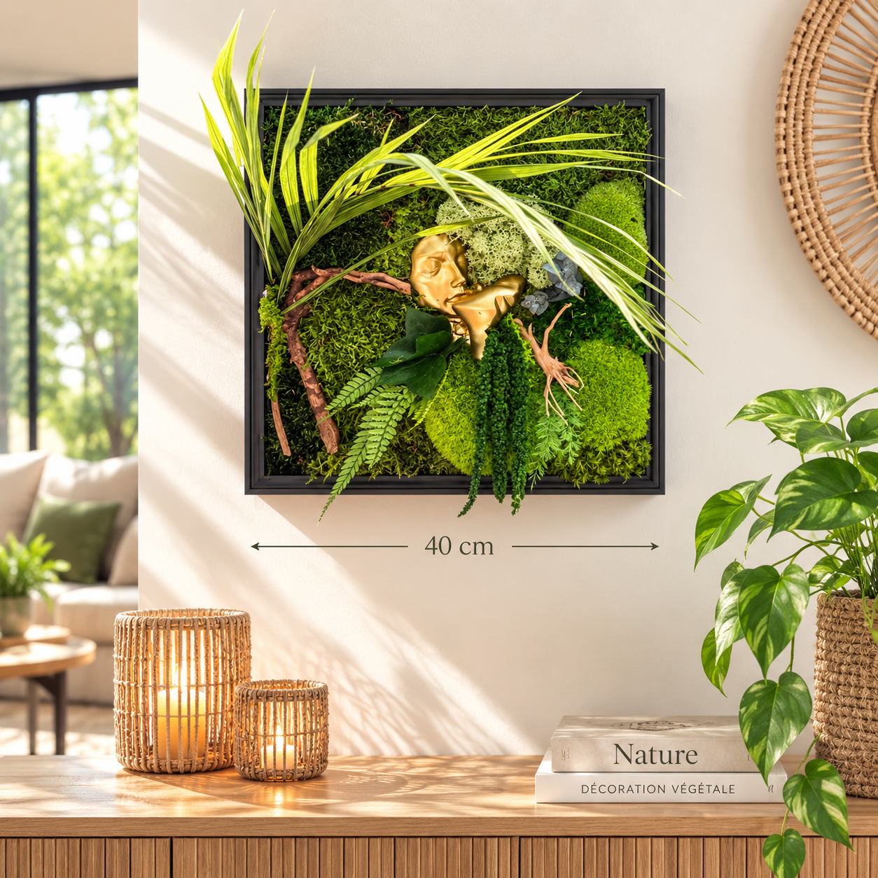 Cadre végétal stabilisé 40x40 cm L’Amour Éternel avec couple doré s’embrassant, mousse et végétaux naturels