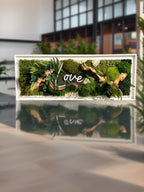 Cadre végétal 100 cm avec néon LOVE– Art mural naturel luxe– Décoration murale moderne bois flotté– Tableau mousse stabilisée