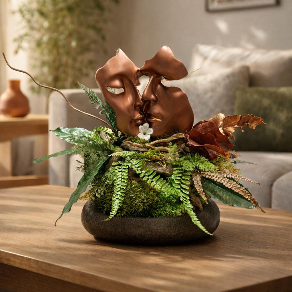 Sculpture Couple Romantique avec Mousse Stabilisée – Cadre Végétal Luxe