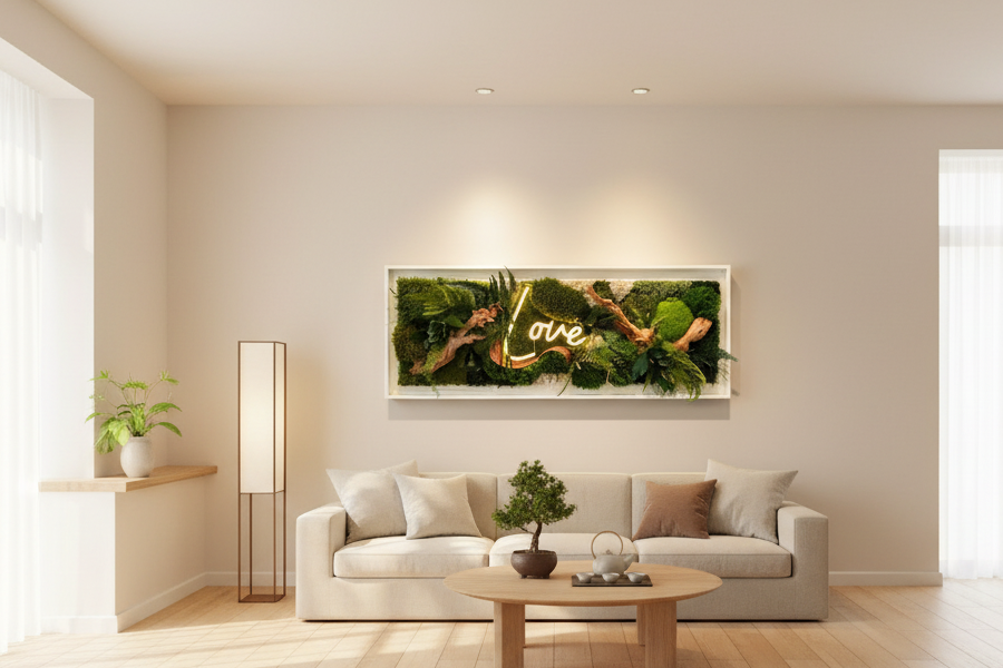 Cadre végétal 100 cm avec néon LOVE– Art mural naturel luxe– Décoration murale moderne bois flotté– Tableau mousse stabilisée