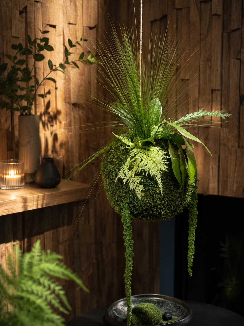Kokedama suspendu en végétaux stabilisés – Élégance naturelle
