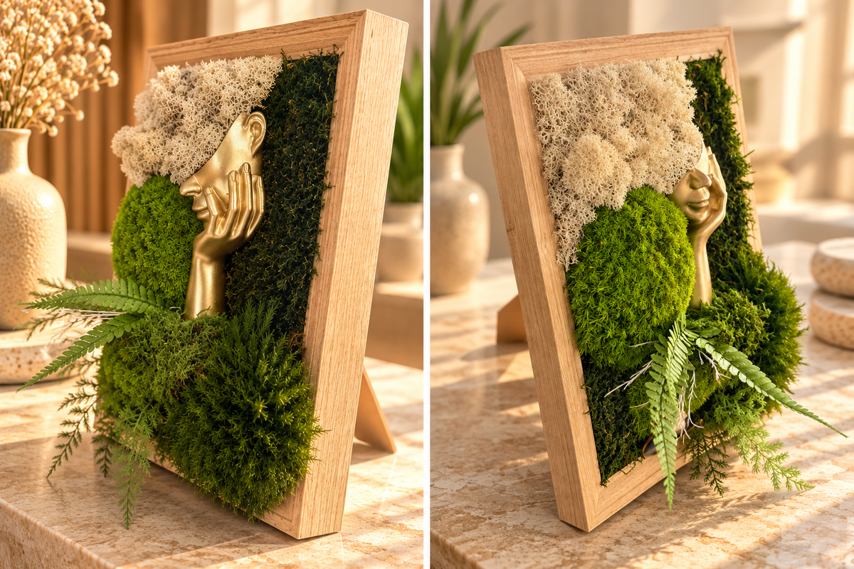 Cadre végétal décoratif avec visage doré, pièce artisanale.