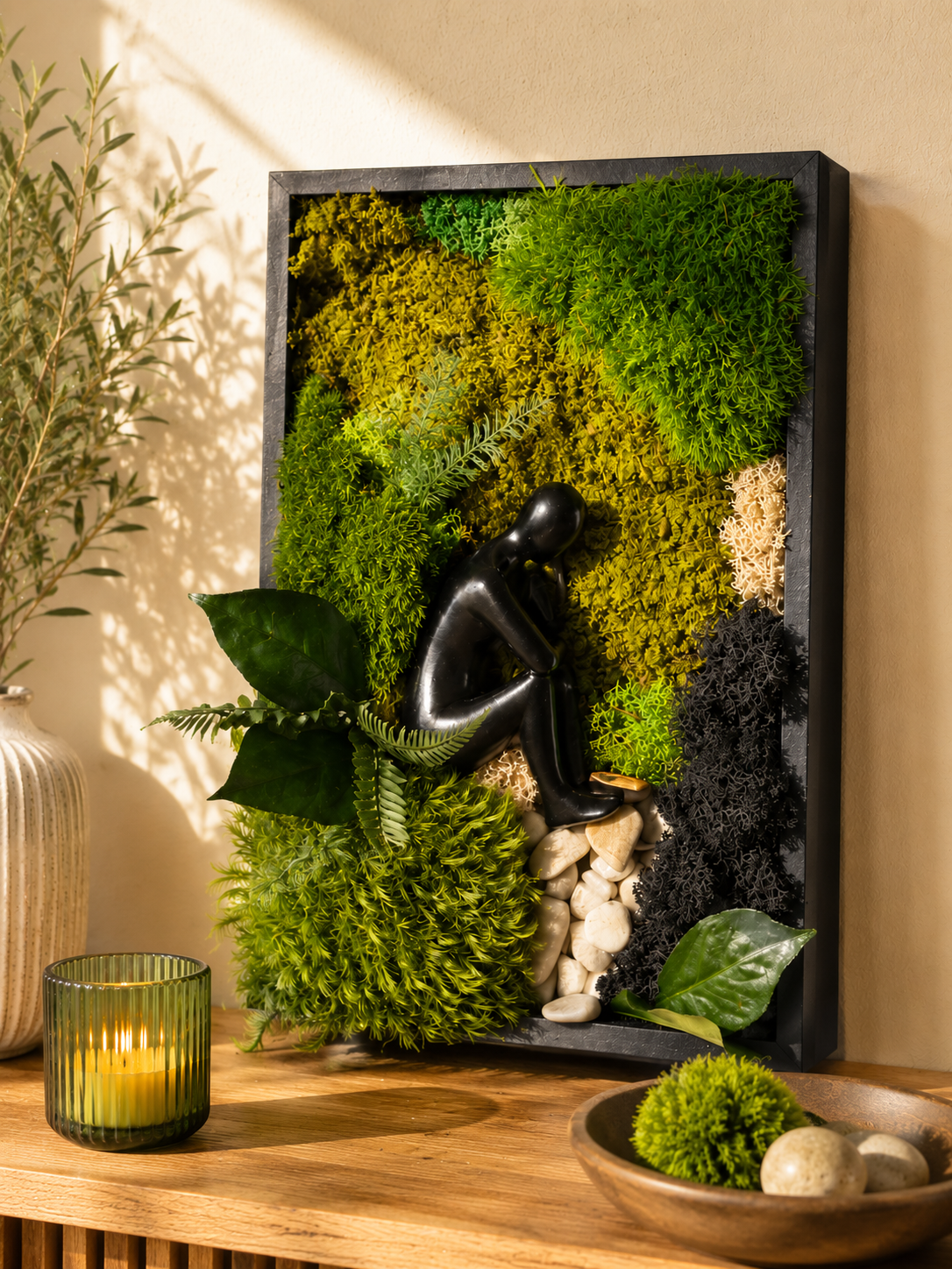 Cadre végétal stabilisé Zen 30x20 cm | Décoration murale naturelle | Sculpture méditation | Cadeau bien-être | Fait main