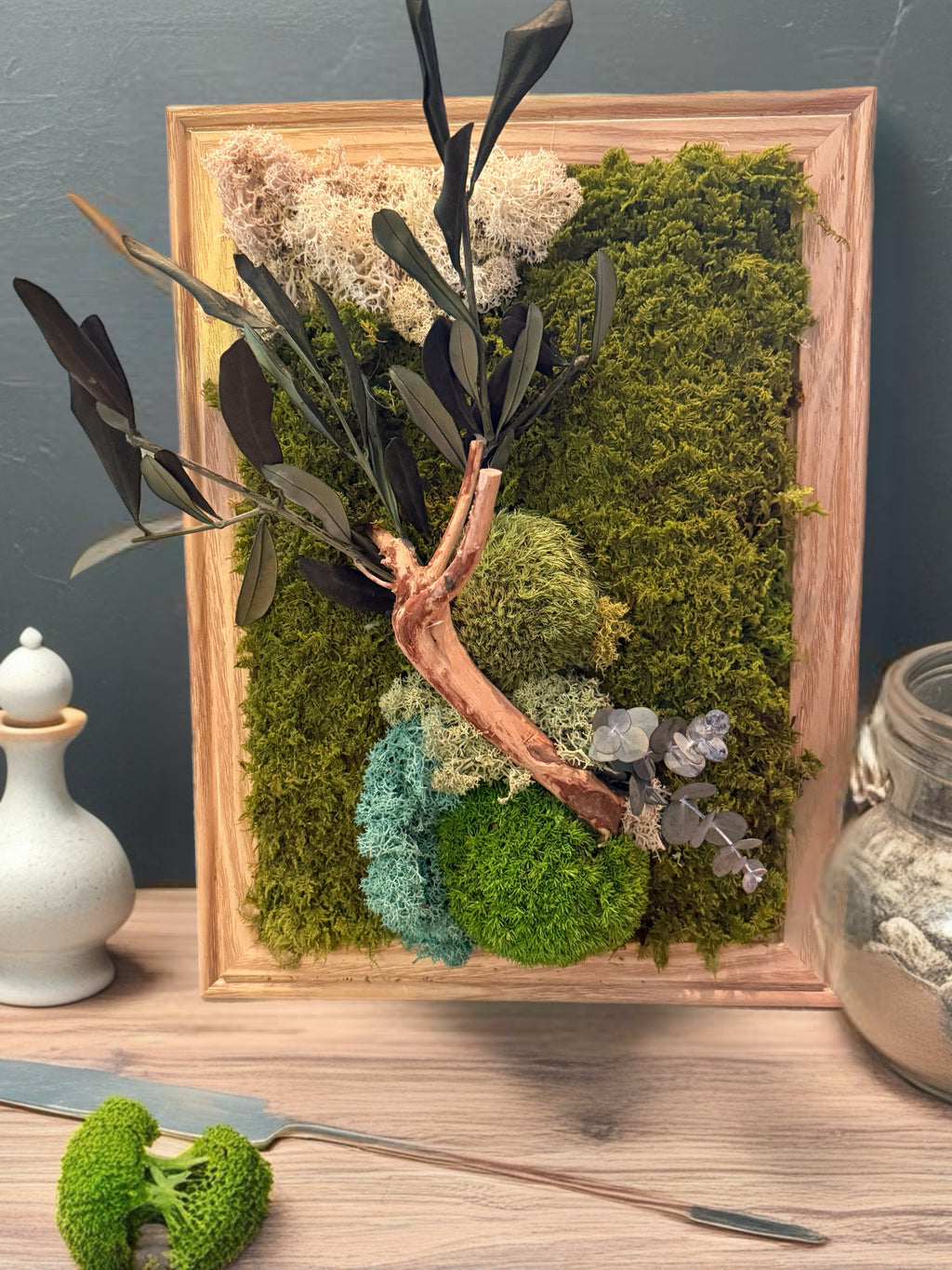 Cadre végétal stabilisé olivier 35x26 cm – décoration murale naturelle fait main