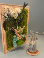 Cadre végétal stabilisé olivier – Décoration murale naturelle bois et mousse – Tableau végétal vertical bohème zen – Art végétal fait main