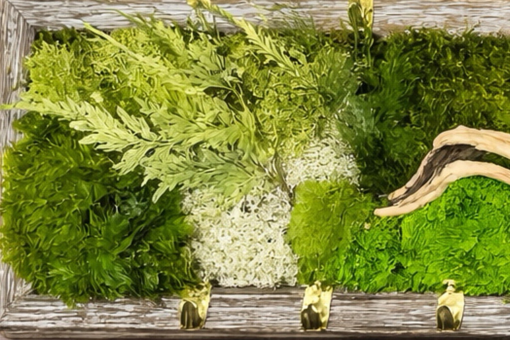 Porte-clés mural végétal – Cadre en mousse stabilisée, bois flotté & feuillages