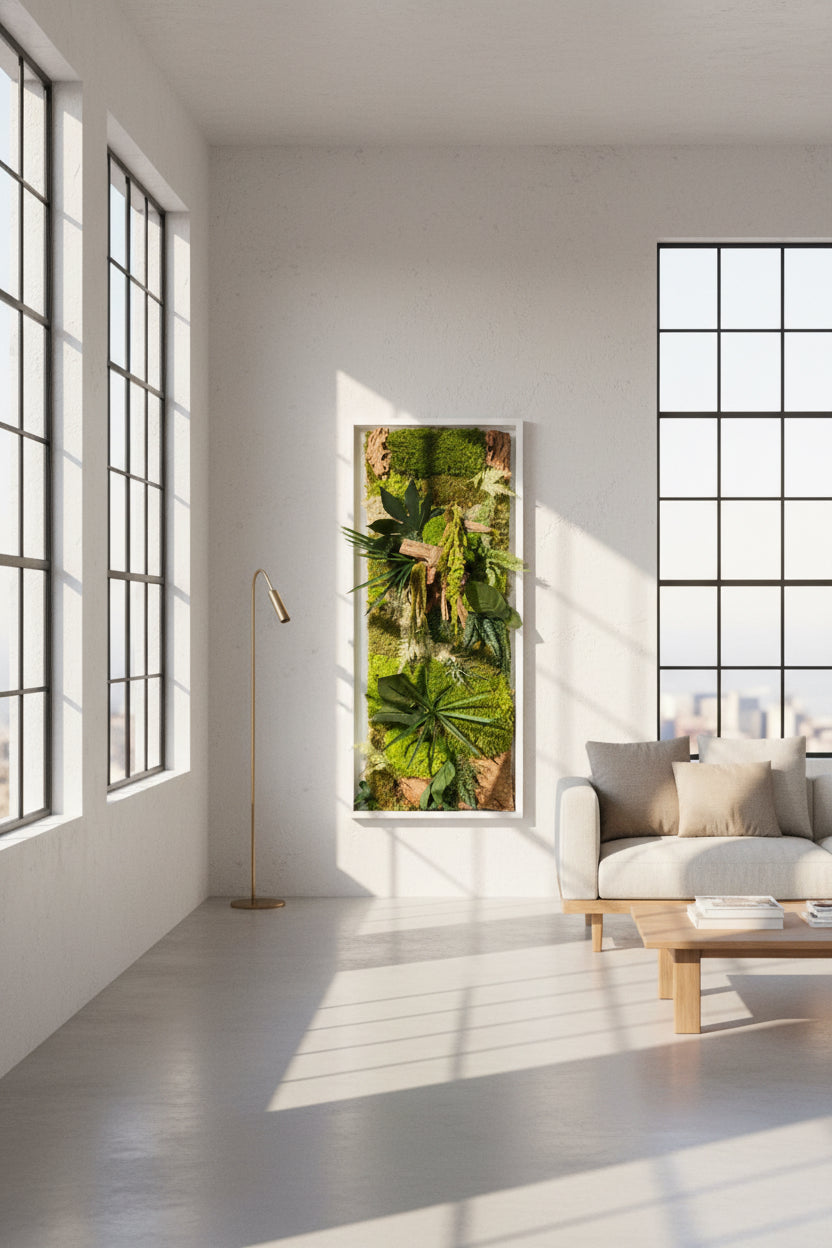 Grand Tableau Végétal Mural 98x38 cm — Mousse Stabilisée & Caisse Américaine Bois Blanc | Pièce Unique