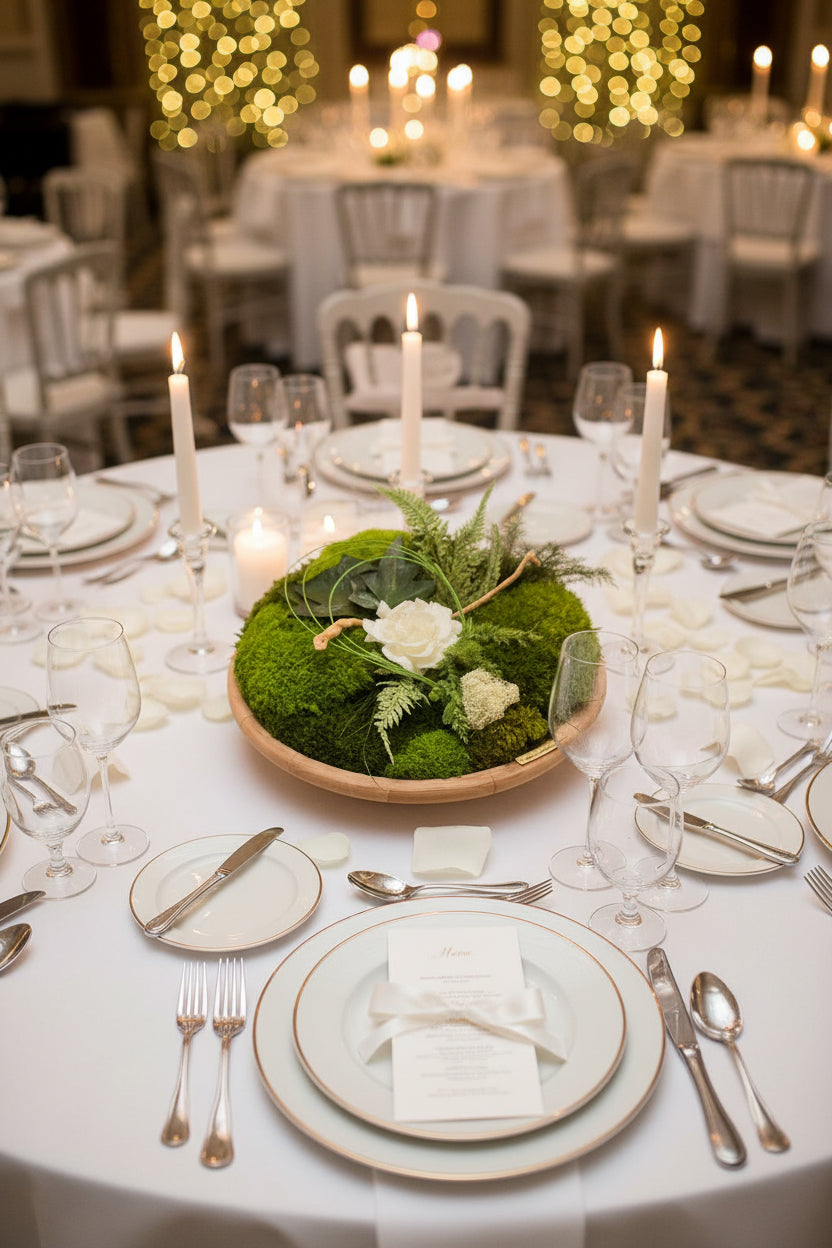 Centre de Table Végétal – Mousse, Fleur Blanche & Feuillages Stabilisés sur Bois de Manguier | Mariage Bohème