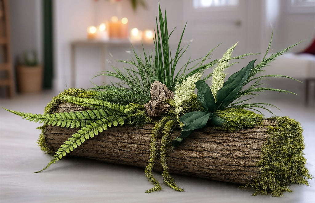 Jardinière stabilisée artisanale – Centre de table végétal en écorce et mousses | Naturencadre