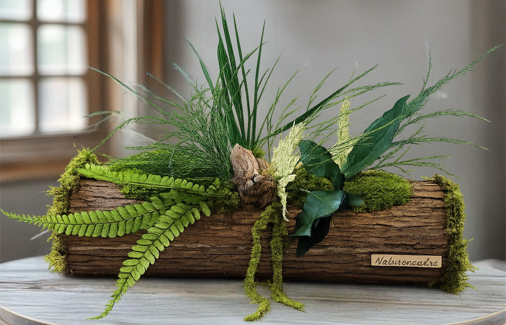 Jardinière stabilisée artisanale – Centre de table végétal en écorce et mousses | Naturencadre