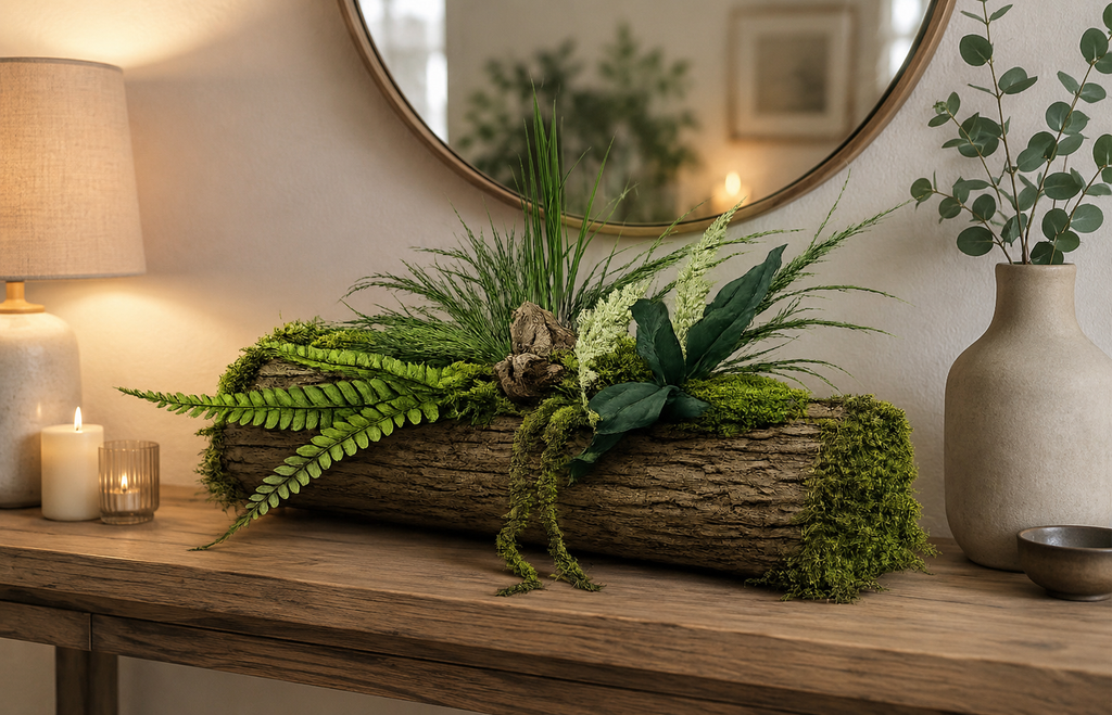 Jardinière stabilisée artisanale – Centre de table végétal en écorce et mousses | Naturencadre