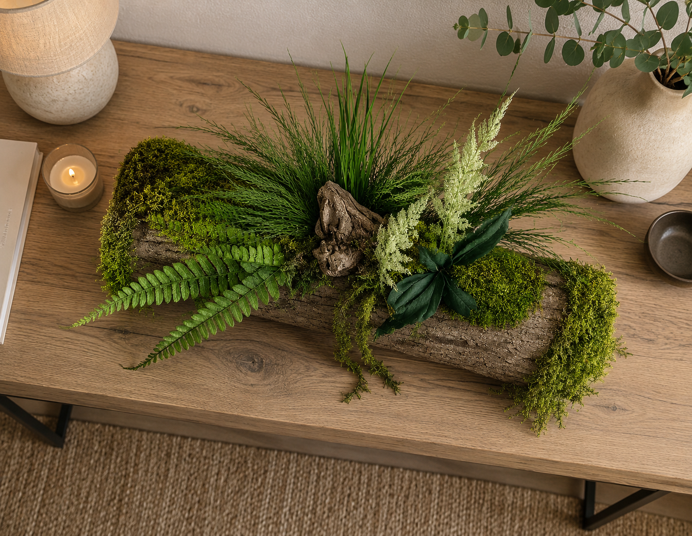 Jardinière stabilisée artisanale – Centre de table végétal en écorce et mousses | Naturencadre