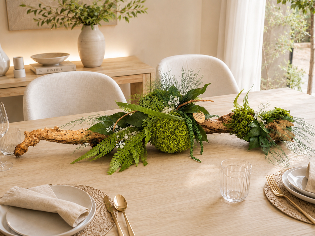 Centre de table végétal stabilisé en bois de mopani- décoration naturelle haut de gamme avec mousse stabilisée, fougères et feuillages, sans entretien, fabrication artisanale Naturencadre.