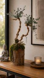 Sculpture végétale stabilisée – Bonsaï Zen sur tronc naturel avec eucalyptus