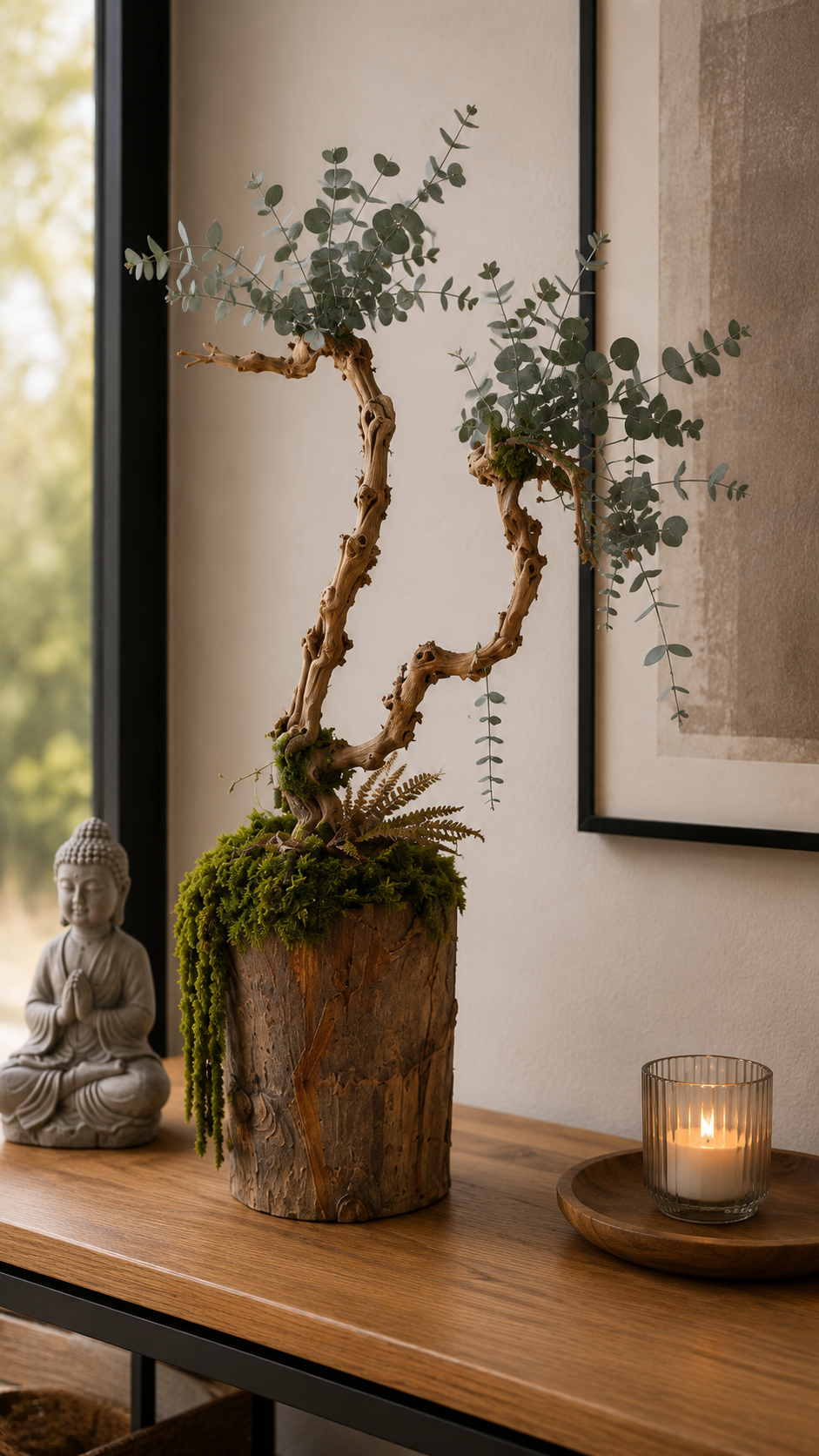 Sculpture végétale stabilisée – Bonsaï Zen sur tronc naturel avec eucalyptus