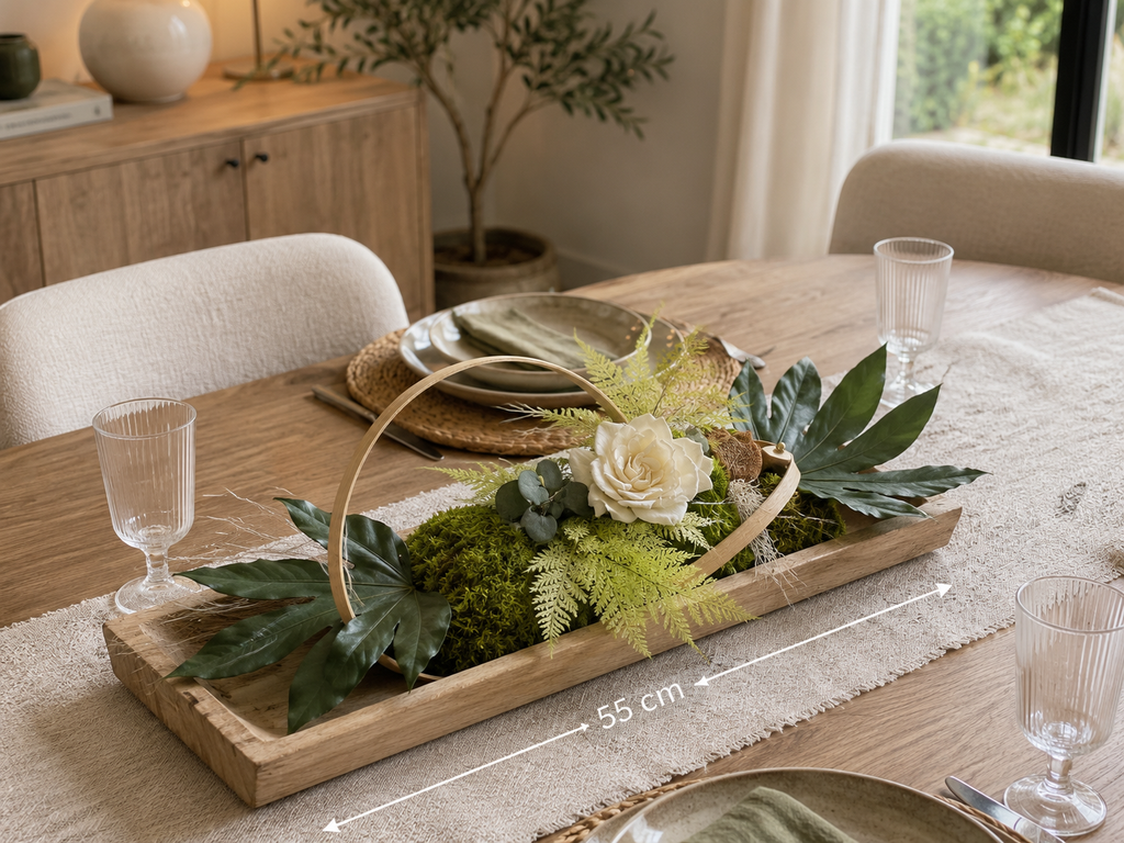 Centre de table végétal stabilisé 55 cm sur plateau en bois – Décoration naturelle sans entretien