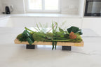 Composition végétale stabilisée artisanale sur plateau en bois, mousses naturelles, fougères et feuillages verts – centre de table moderne sans entretien