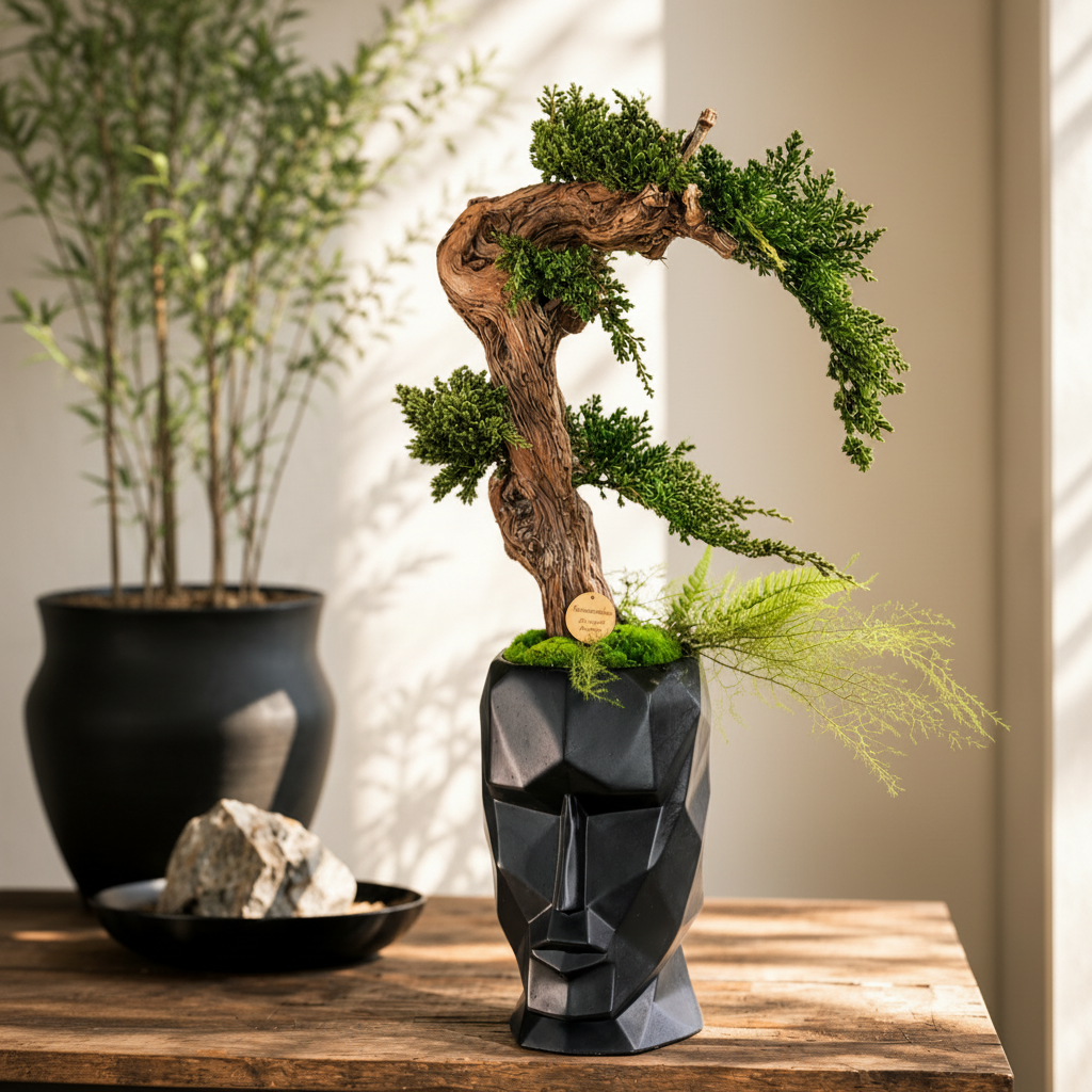 Bonsaï stabilisé sans entretien avec tronc en bois flotté tordu et feuillage préservé vert, planté dans un pot visage abstrait géométrique noir, décoration zen haut de gamme