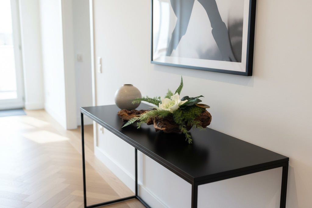 Centre de table bois de Mopani – gardénia blanc & végétaux stabilisés | Naturencadre