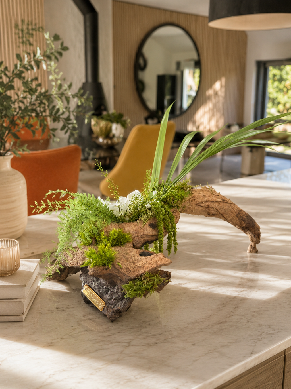 Centrepiece végétal bois de Mopani & gardénia blanc stabilisé | Naturencadre