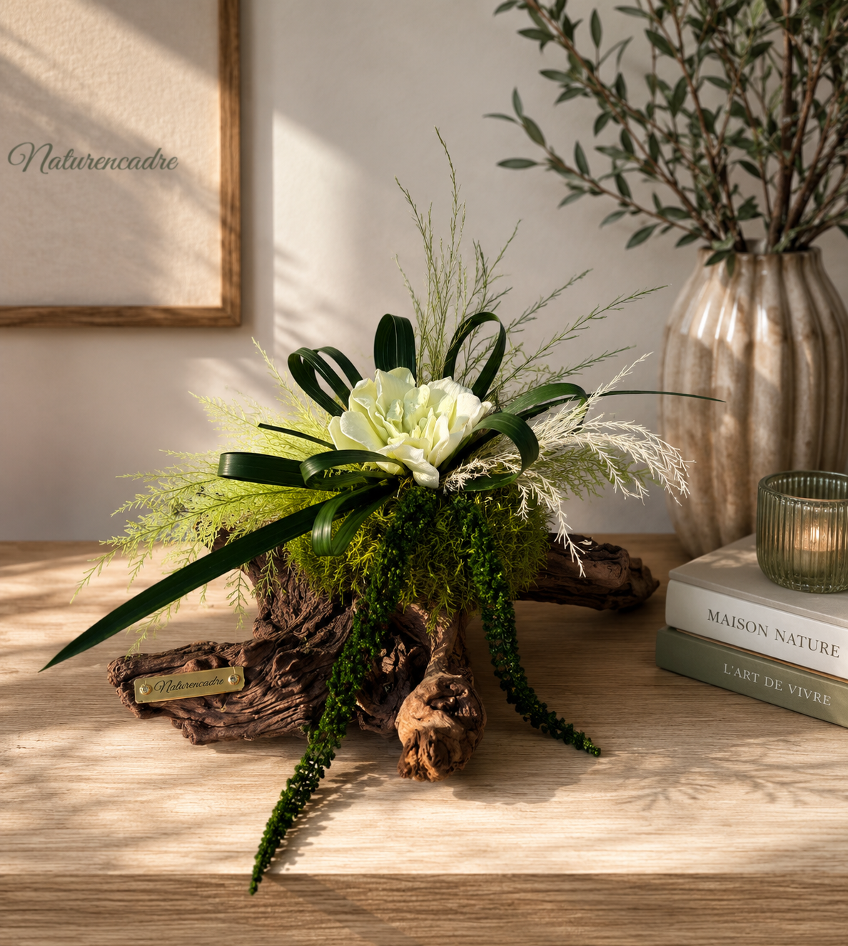 L’élégance d’un centre de table unique en bois de mopani avec fleur de gardena dans une composition florale unique 