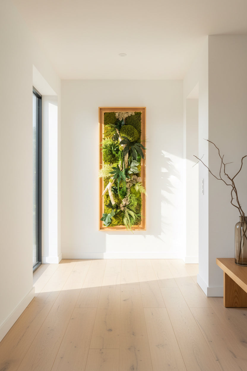 Grand tableau mural en végétaux stabilisés et branche naturelle de bois flotté véritable, architecture en relief haut de gamme 