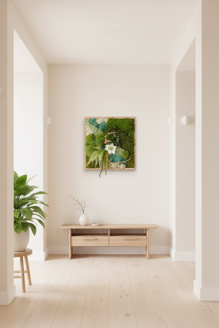 Tableau vegetal carré en mousse stabilisée, harmonie et pureté de couleur douce