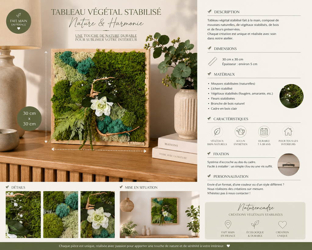 Tableau végétal carré stabilisé Gardénia – 30 × 30 cm | Fait main en France