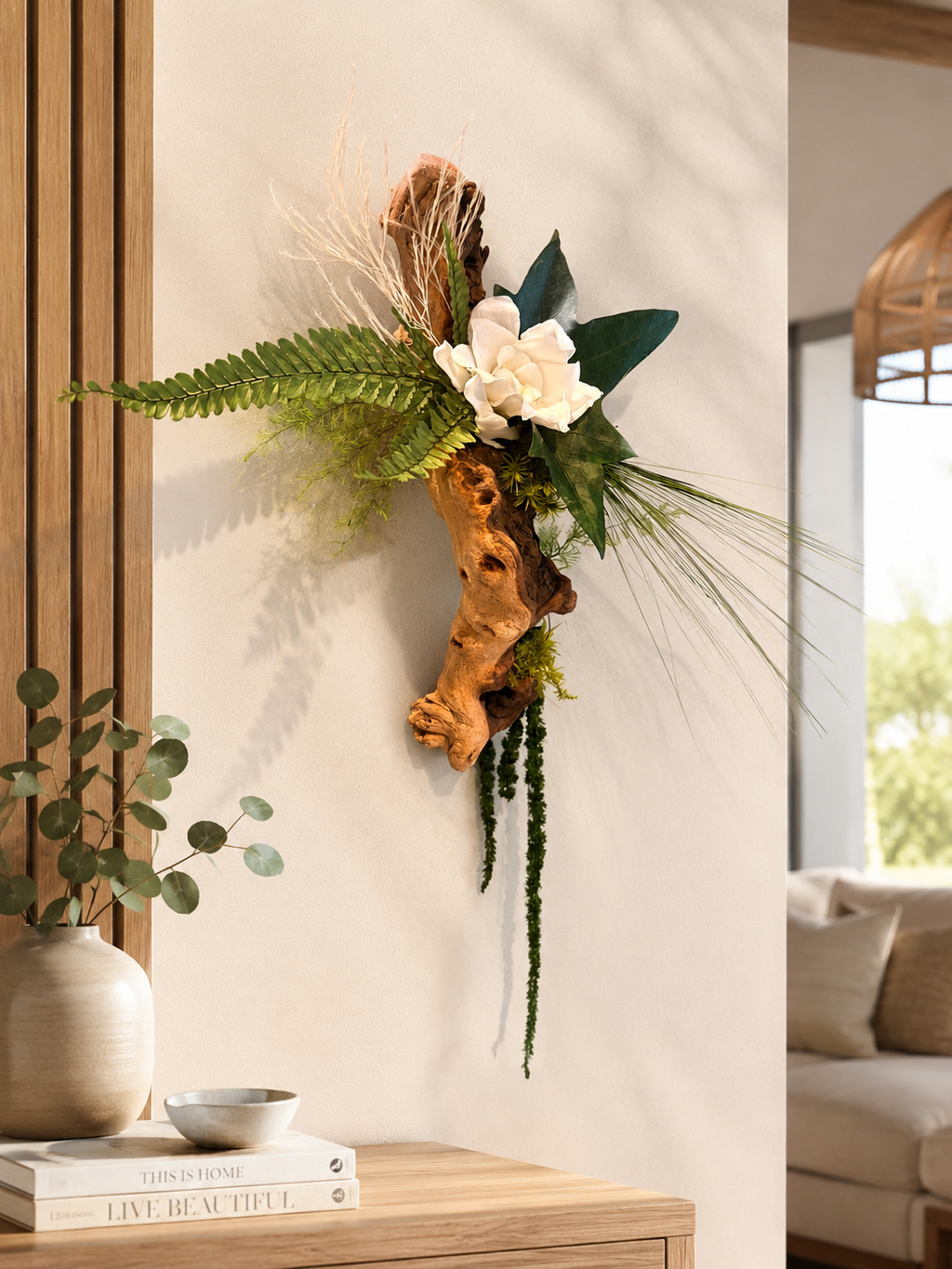 Décoration murale végétale luxe- bois de mopani et fleur de gardénia blanche 
