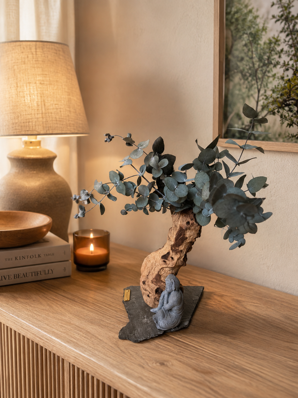 Le bonsaï de la sérénité, eucalyptus stabilisé, bois de mopani véritable et ardoise 