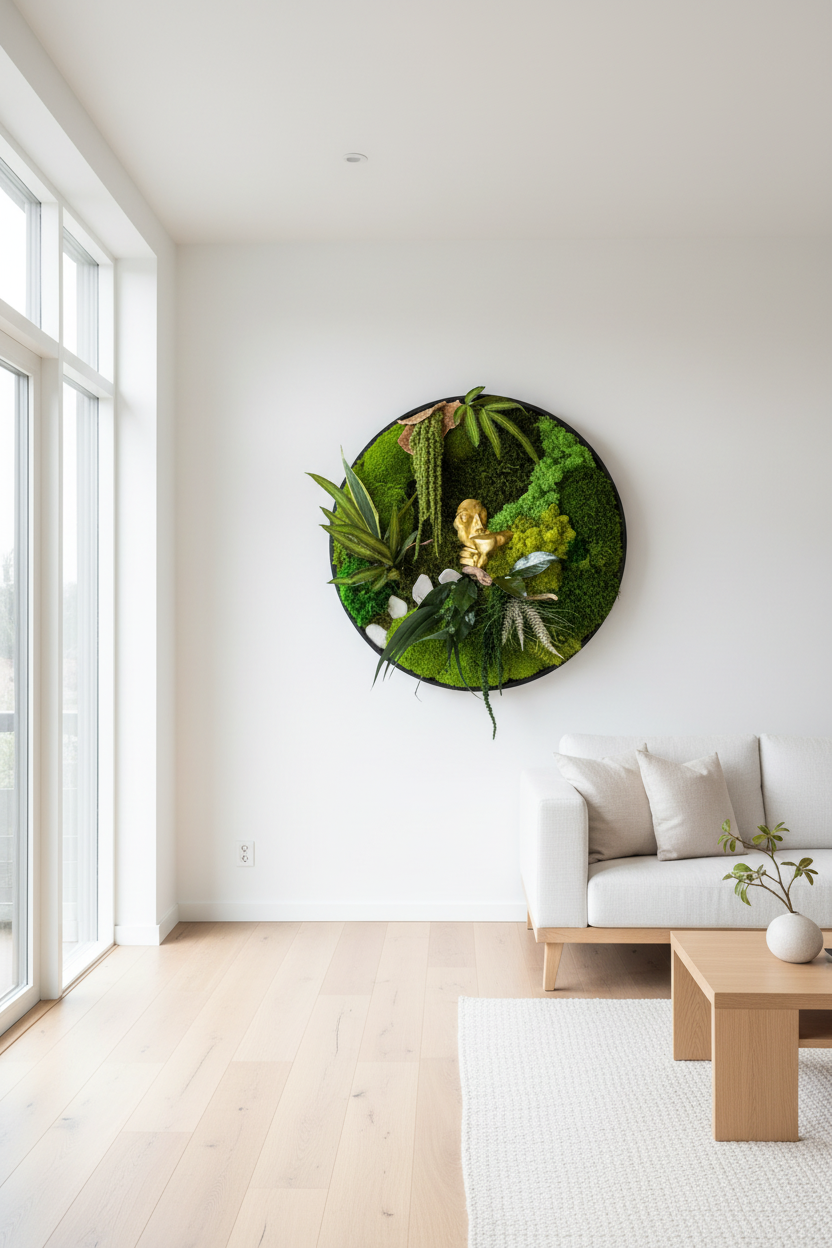Éden Secret – Tableau végétal rond 50 cm | Mousse stabilisée & décoration dorée